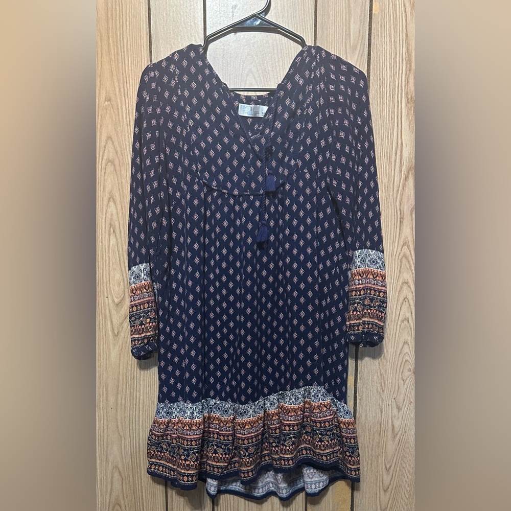 Time and Tru Navy Blue Printed V-Neck Tassel Dress With Aztec Pattern